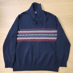 Charles Tyrwhitt Sweater Mens 2XL XXL Navy Blue Merino Wool Shawl Neck Aztec
